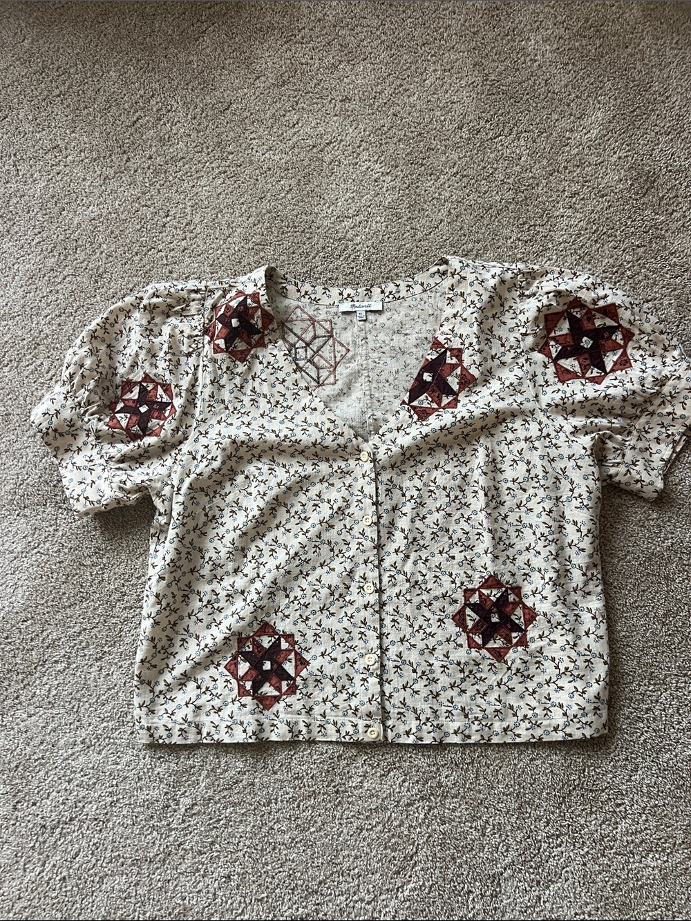 Madewell XL - Cream Floral Button-Front Blouse with Red Patchwork Accents